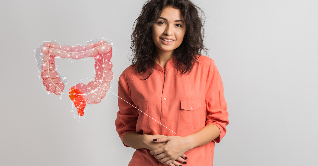 Μια γυναίκα και δίπλα της το παχύ έντερο.