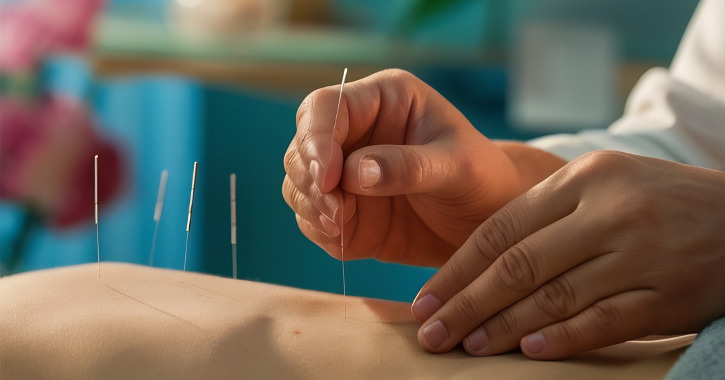 Γιατρός τοποθετεί βελόνες βελονισμού πάνω σε σώμα.